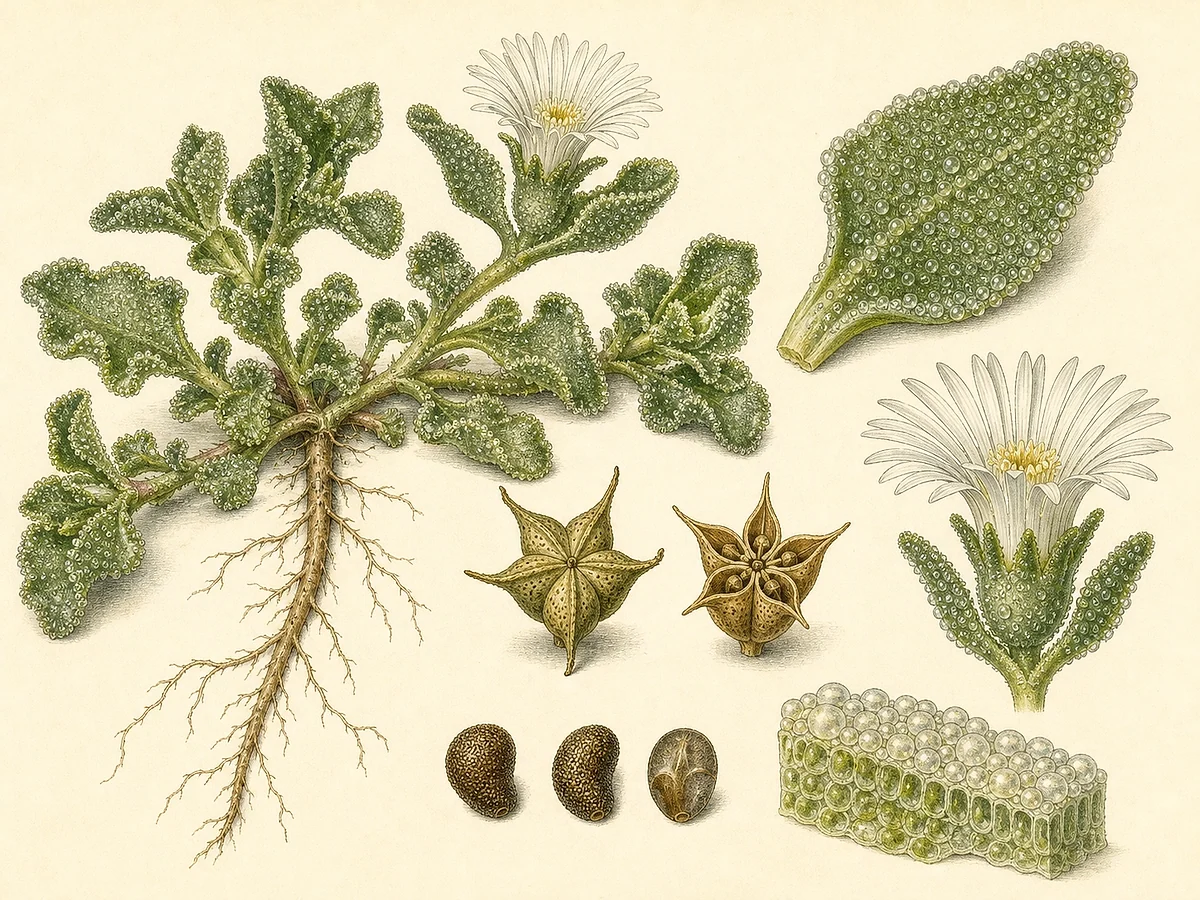 Prancha botânica de Mesembryanthemum crystallinum com planta prostrada coberta de células brilhantes, folhas suculentas, flores brancas, cápsula e sementes