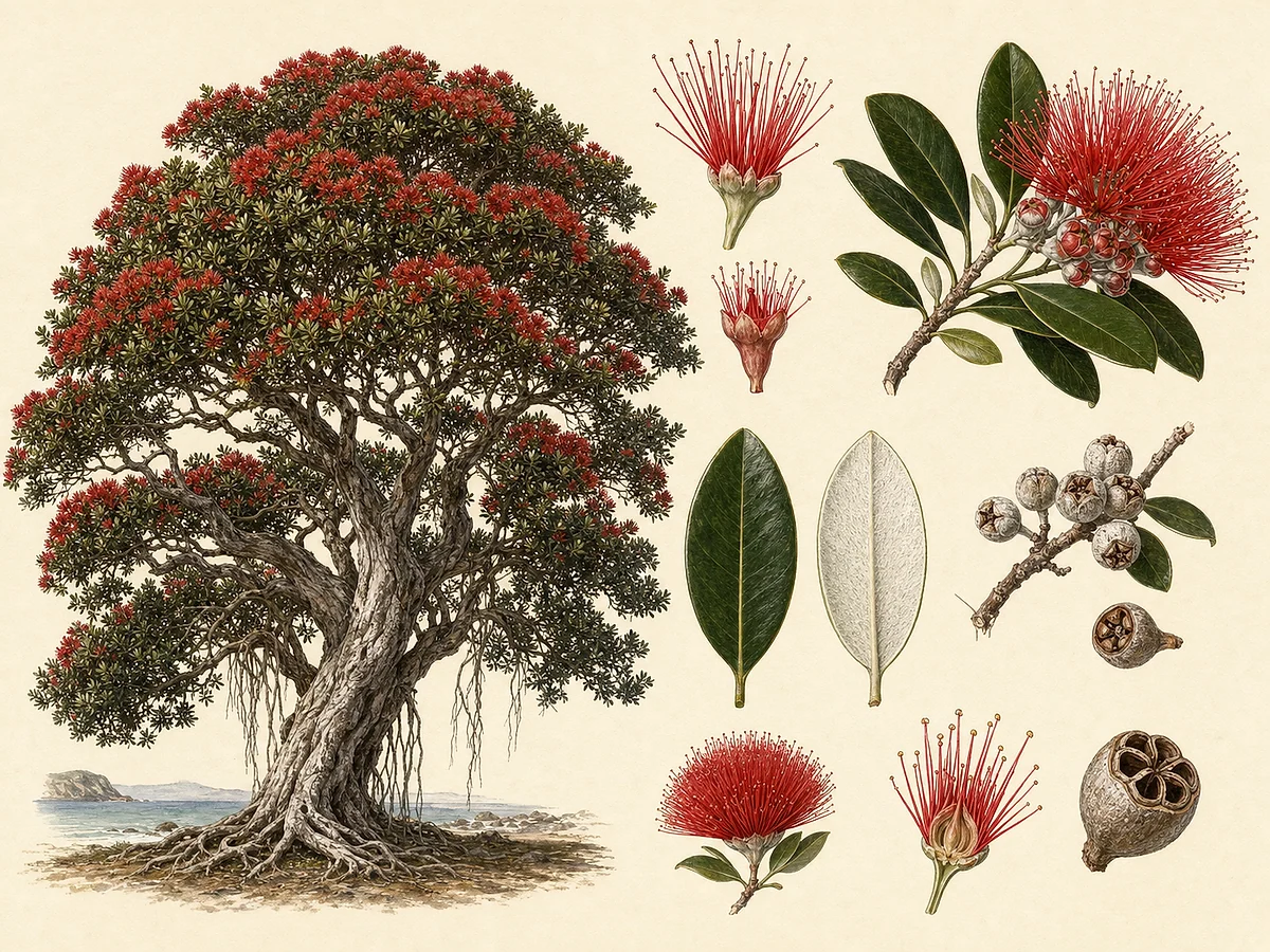 Prancha botânica de Metrosideros excelsa com árvore costeira, folhas de verso branco, flores vermelhas de longos estames e cápsulas