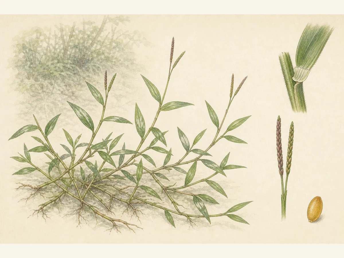 Prancha ilustrada de Microstegium vimineum com gramínea anual prostrada enraizada nos nós, folhas lanceoladas com faixa pálida variável, bainha pilosa, lígula e ráquis floríferas curtas aos pares