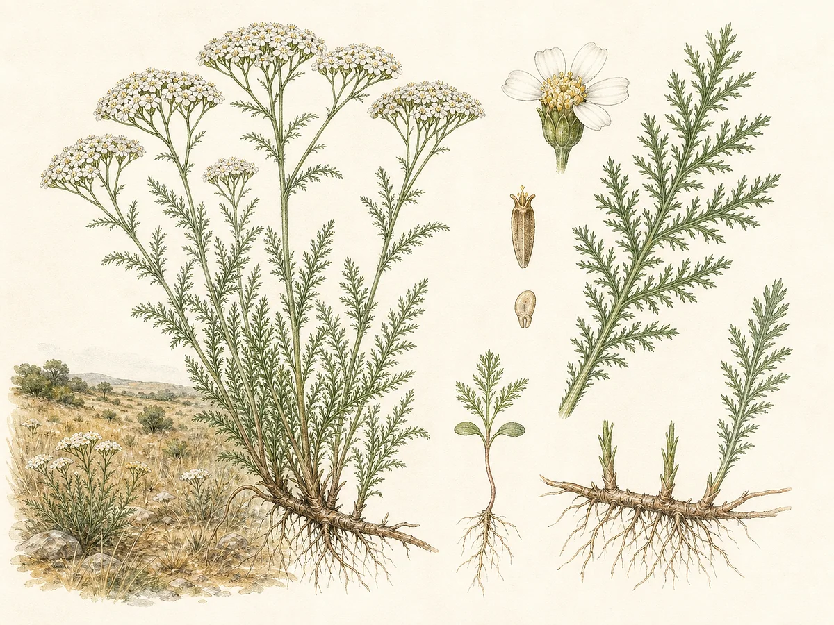 Prancha botânica de Achillea millefolium com folhas muito recortadas, corimbos planos de capítulos brancos, aquénios e rizomas