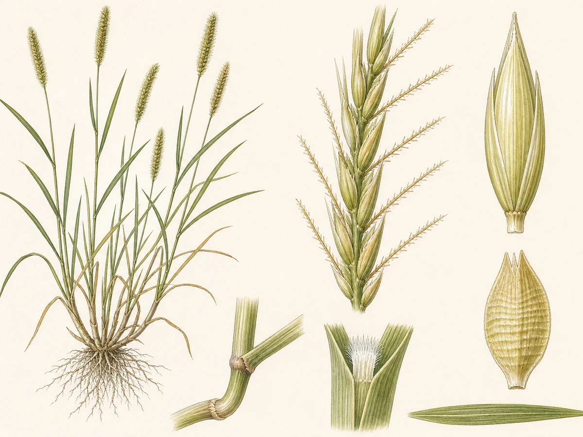Prancha ilustrada de Setaria verticillata com gramínea anual cespitosa, panículas cilíndricas densas, lígula ciliada, cerdas de farpas retrorsas e espigueta rugosa