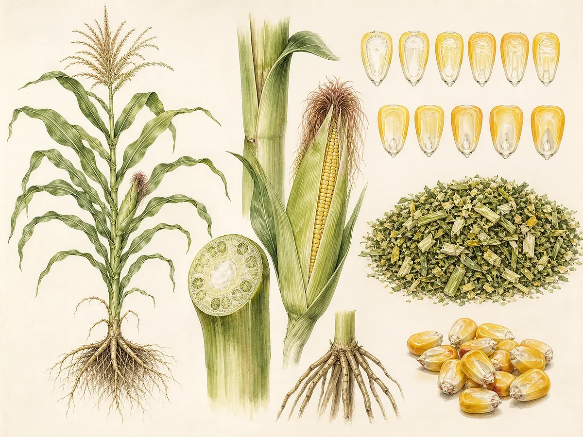 Ilustração agronómica de milho-forrageiro inteiro com folhas largas, pendão, maçaroca, raiz, corte de grão leitoso e fragmentos para silagem