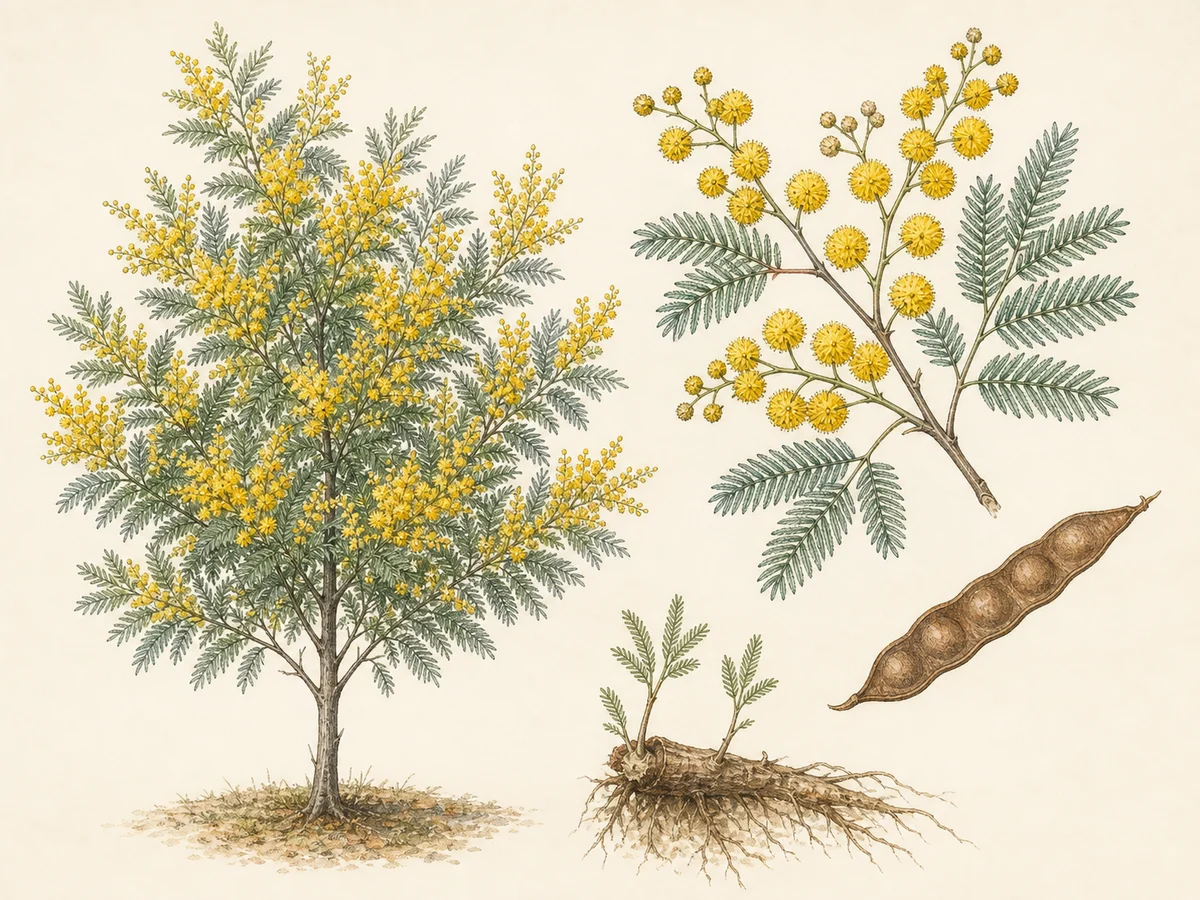 Prancha de identificação de Acacia dealbata com árvore, folhas bipinadas cinzento-verdes, capítulos amarelos, vagem e rebentos de raiz