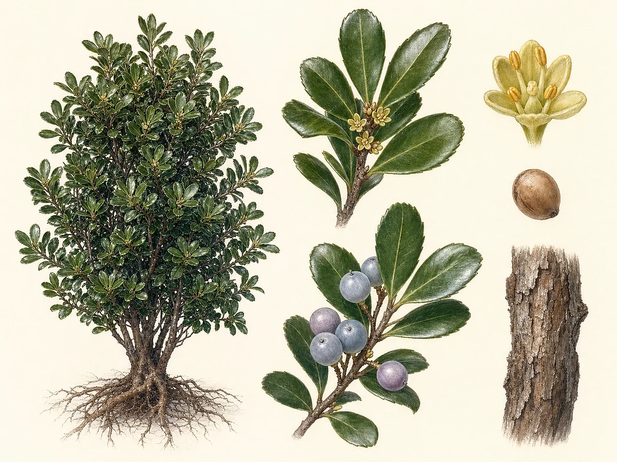 Prancha botânica de Myrsine africana com arbusto compacto, folhas pequenas brilhantes, flores axilares e bagas azul-pálidas