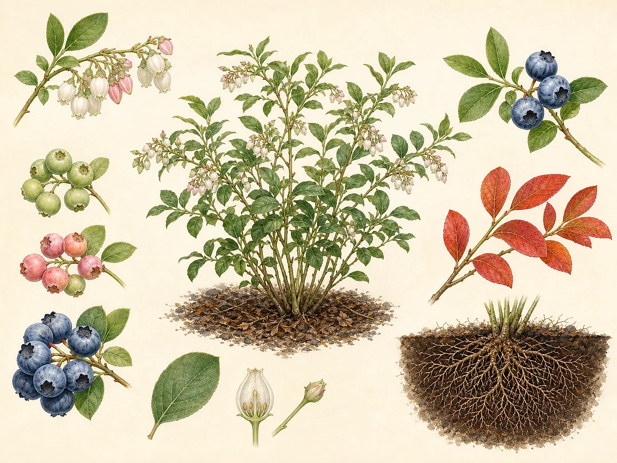 Ilustração botânica de mirtilo-americano com flores brancas em campânula, bagas em vários estádios e raízes finas num perfil ácido