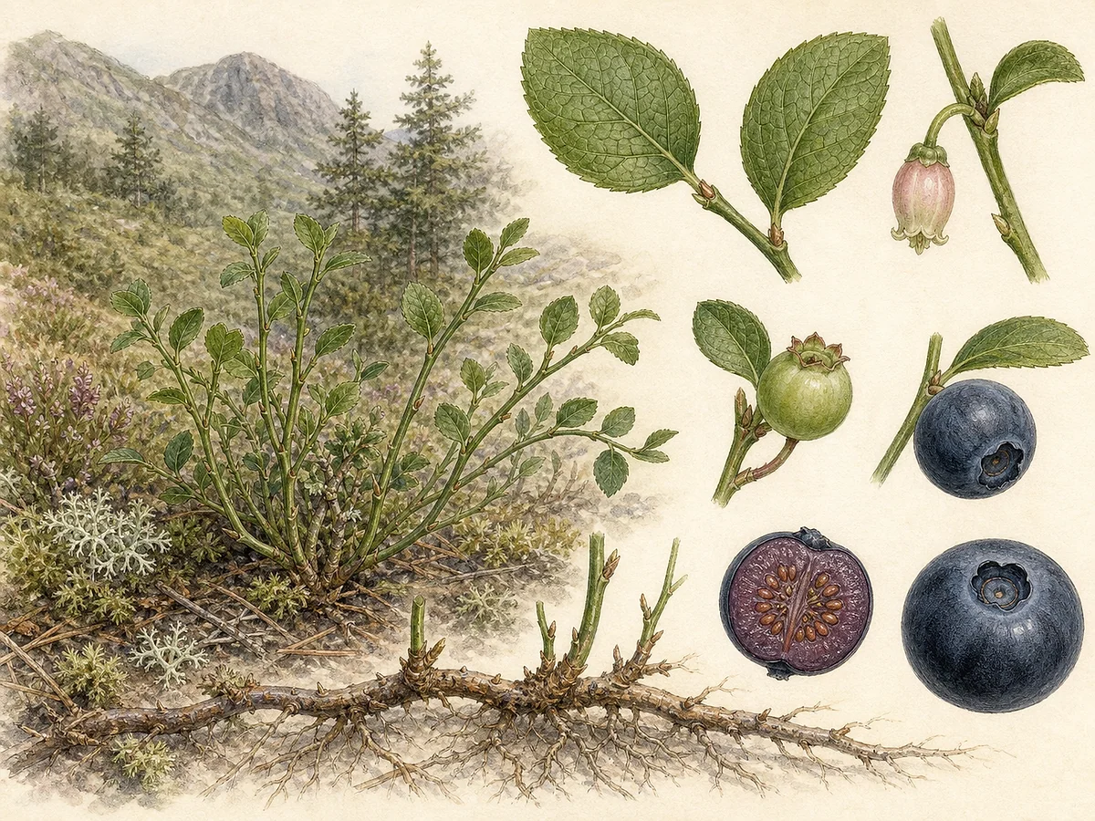 Prancha botânica de Vaccinium myrtillus com subarbusto rizomatoso, caules verdes angulosos, folhas finamente serradas, flores rosadas e bagas azul-negras