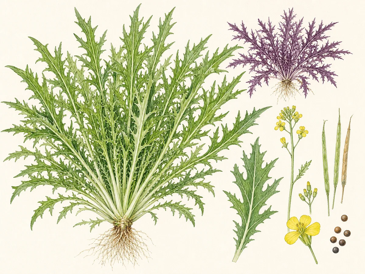 Ilustração botânica de mizuna com roseta larga de folhas verdes profundamente recortadas, variante roxa, folha cortada, flores amarelas, síliquas e sementes
