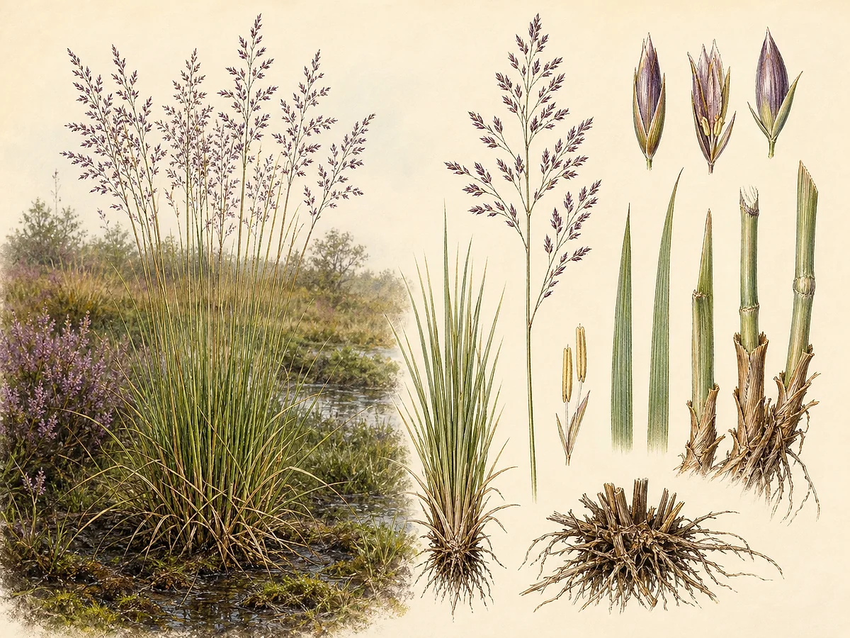Prancha botânica de Molinia caerulea com tufo basal, folhas longas, nós concentrados na base e panículas finas arroxeadas