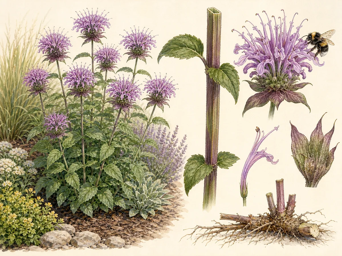 Prancha botânica de Monarda fistulosa com caules quadrangulares, folhas opostas, verticilos globosos de flores lavanda tubulares, cálices persistentes e rizoma curto