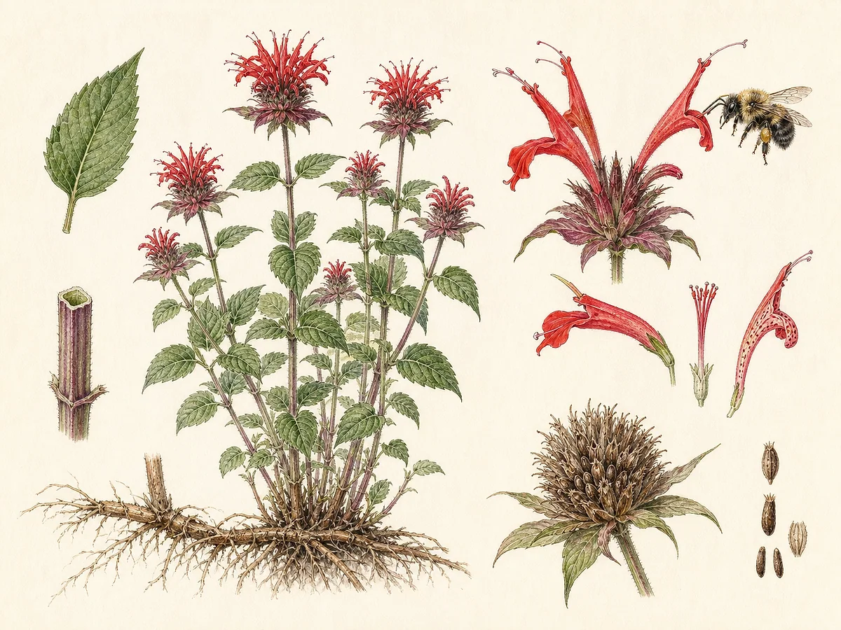 Ilustração botânica de monarda com caules quadrados, folhas opostas dentadas, verticilos de flores vermelhas tubulares, sementes e rizomas curtos