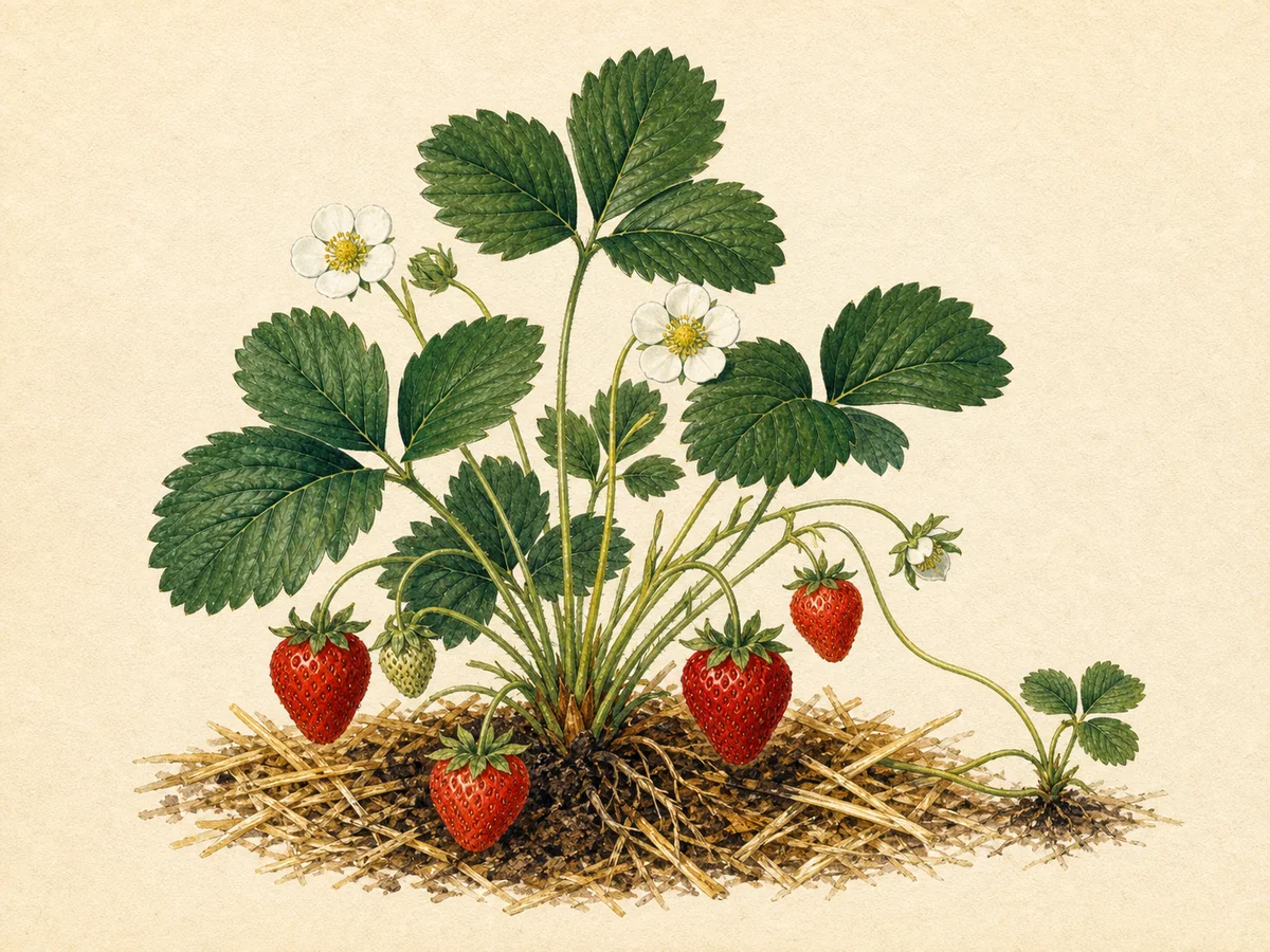 Ilustração botânica de um morangueiro com flores, frutos maduros e um estolho