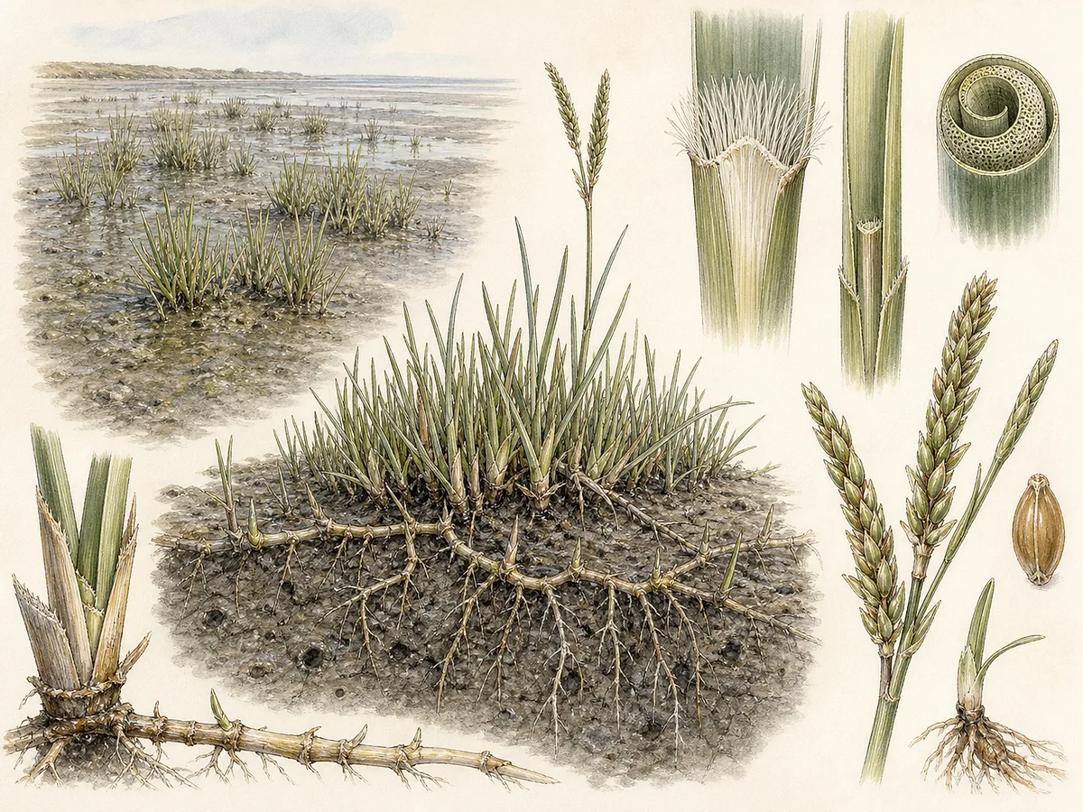 Prancha botânica de Spartina maritima com pradaria baixa de gramínea rizomatosa em lodo intertidal, folhas enroladas, lígula pilosa e duas espigas florais