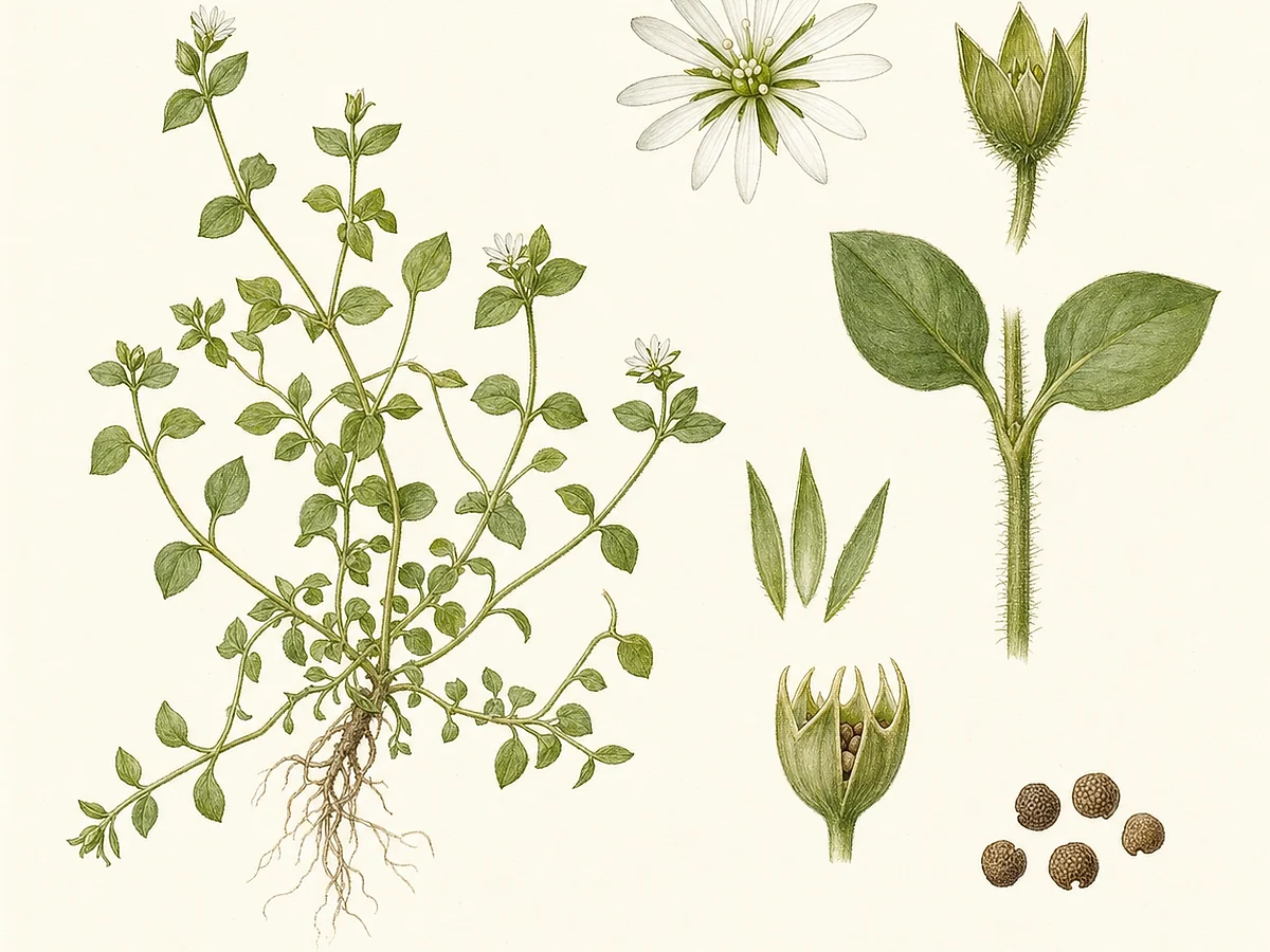 Prancha botânica de Stellaria media com erva rasteira, caules com uma linha de pelos, folhas opostas, pequenas flores brancas profundamente fendidas, cápsula e sementes