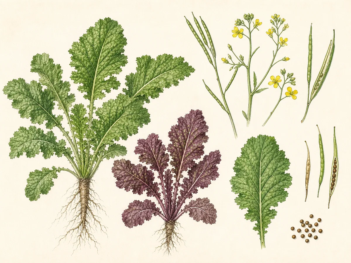 Ilustração botânica de mostarda-de-folha com rosetas verde frisada e vermelho-púrpura, folha jovem, haste com flores amarelas, síliquas e sementes castanhas