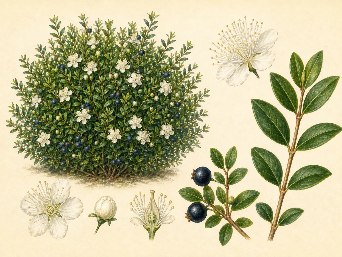 Ilustração botânica de uma murta densa com folhas pequenas opostas, flores brancas e bagas azul-escuras