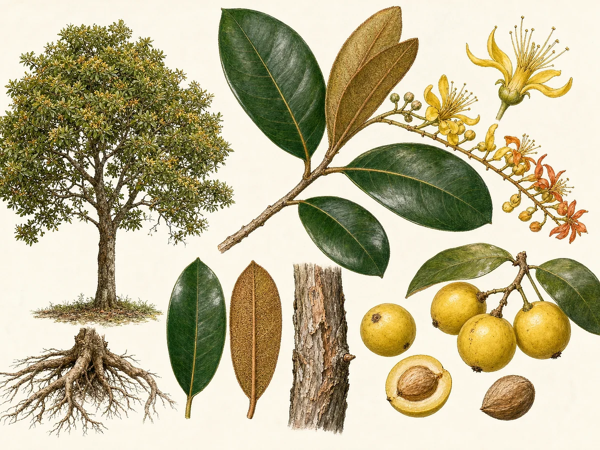 Prancha botânica de Byrsonima crassifolia com pequena árvore, folhas de verso ferrugíneo, racemos amarelos, frutos amarelos e caroço
