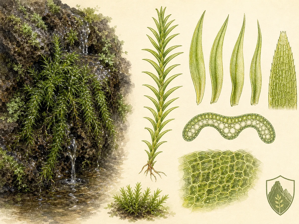 Prancha briológica de Bryoxiphium madeirense com tufos brilhantes em rocha vulcânica escorrente, caulídios dísticos e folhas lineares ampliadas