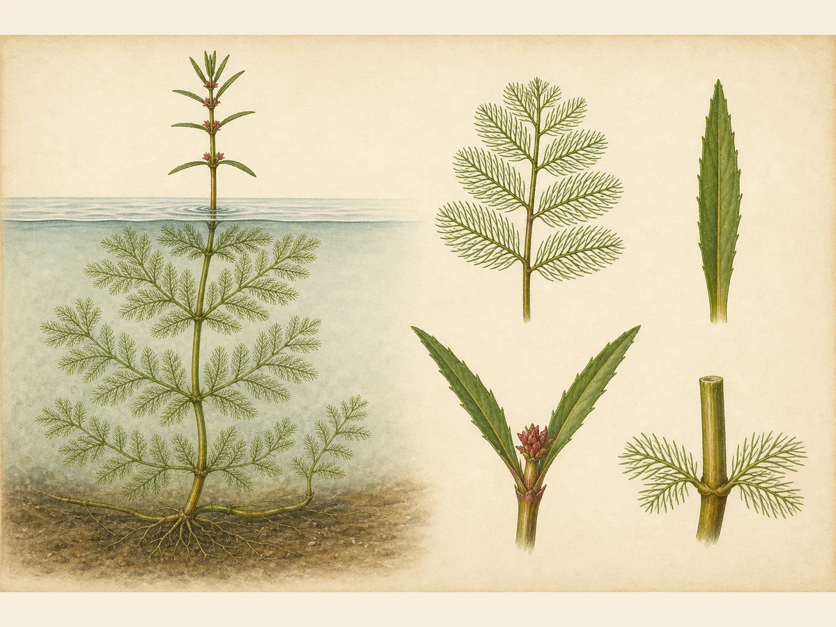 Prancha ilustrada de Myriophyllum heterophyllum com caule submerso de folhas pinadas em verticilos e caule florífero emergente de folhas inteiras dentadas, flores pequenas e fragmento com nó