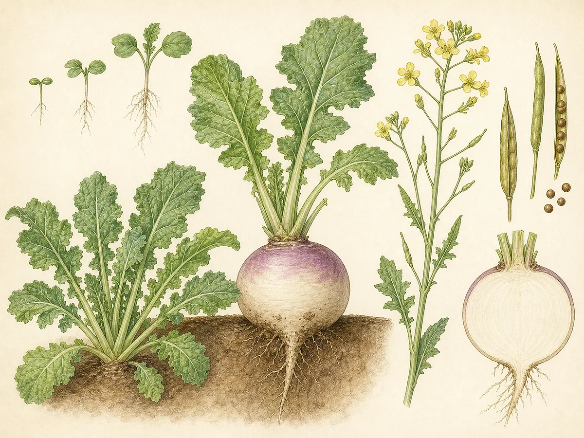 Ilustração botânica de nabos em vários estádios com roseta de folhas ásperas, raiz globosa branca e roxa, flor amarela, vagens e sementes