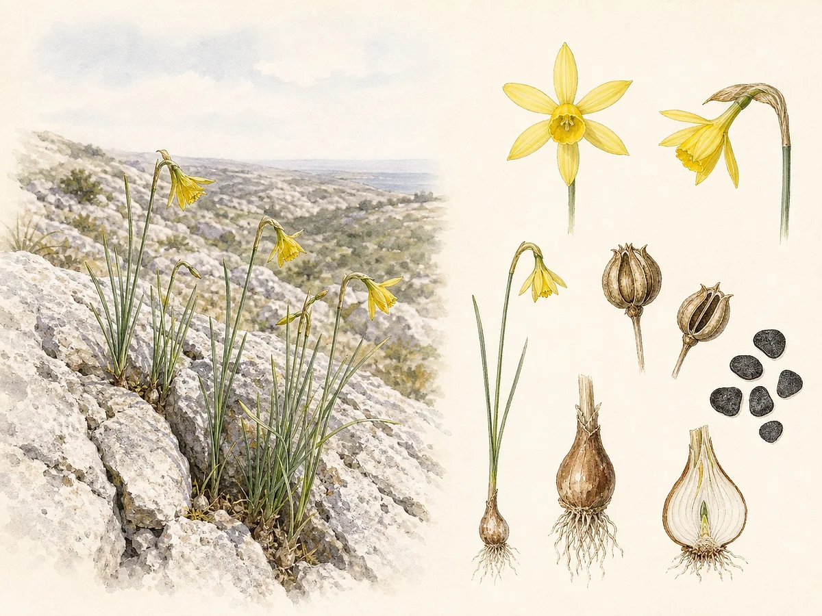 Prancha botânica de Narcissus calcicola com pequeno tufo em fenda calcária, folhas muito estreitas, flores amarelas inclinadas, cápsula, sementes e bolbo