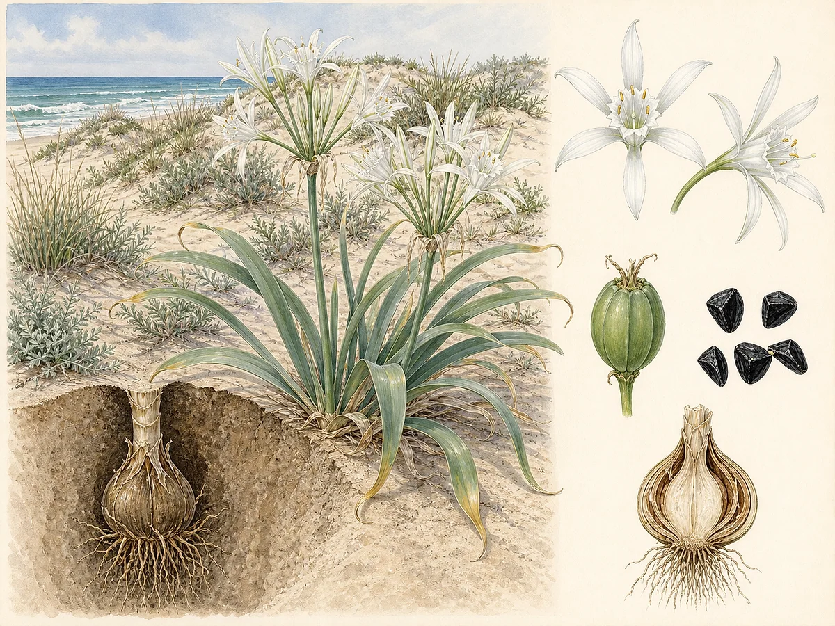 Prancha botânica de Pancratium maritimum numa duna com folhas largas verde-azuladas, umbelas de grandes flores brancas com coroa, cápsula, sementes negras e bolbo profundo