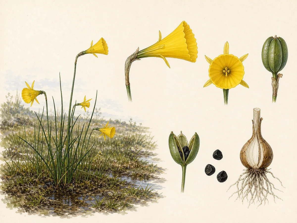 Prancha botânica de Narcissus bulbocodium subsp. bulbocodium com tufos de folhas filiformes, flor amarela de grande coroa cónica, cápsula, sementes e pequeno bolbo tunicado