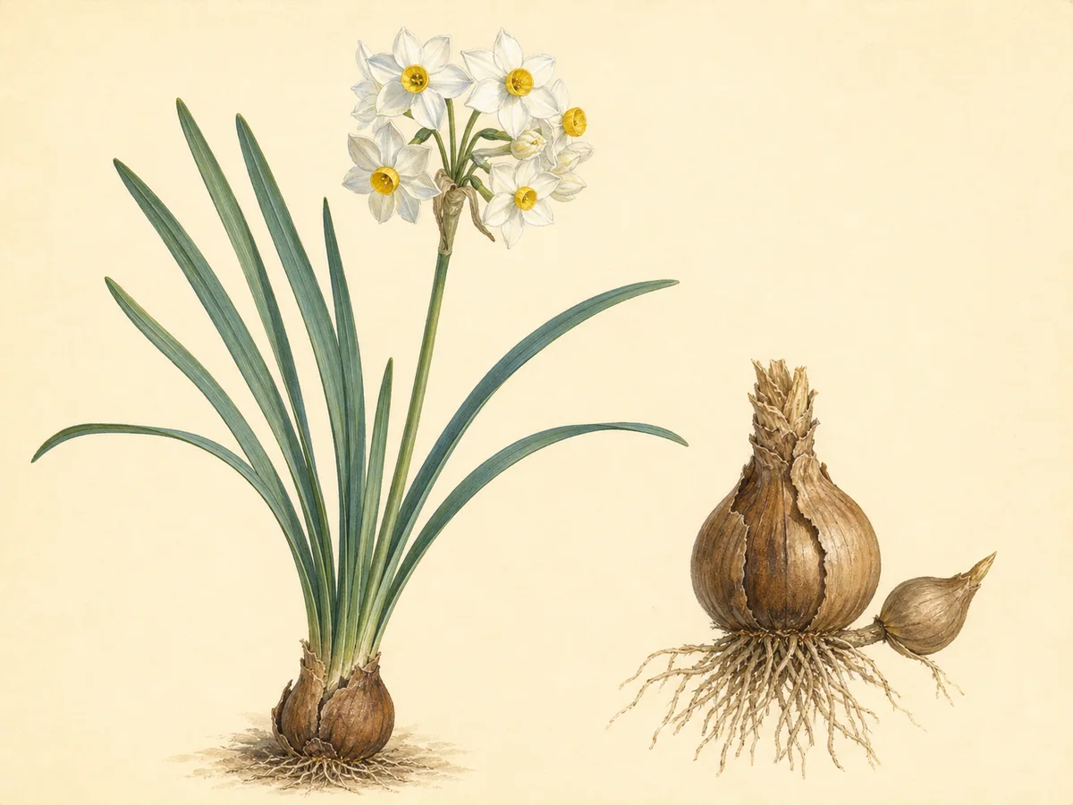 Ilustração botânica de um narciso-de-cheiro com folhas em fita, haste de várias flores brancas de copa amarela e bolbo com rebento
