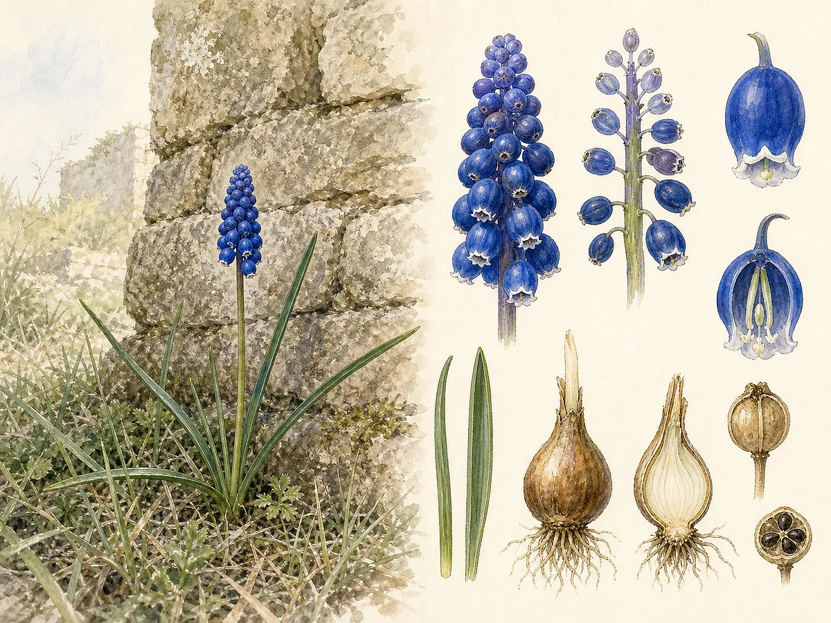 Prancha botânica de Muscari neglectum com folhas lineares canaliculadas, cacho compacto de flores azul-escuras globosas com ápice branco, cápsula e bulbo