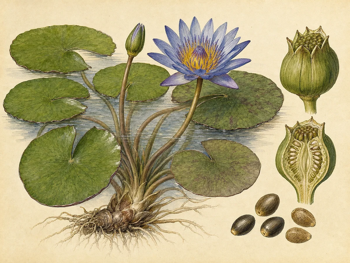Prancha botânica de Nymphaea nouchali var. caerulea com rizoma, folhas flutuantes, flor azul, fruto e sementes