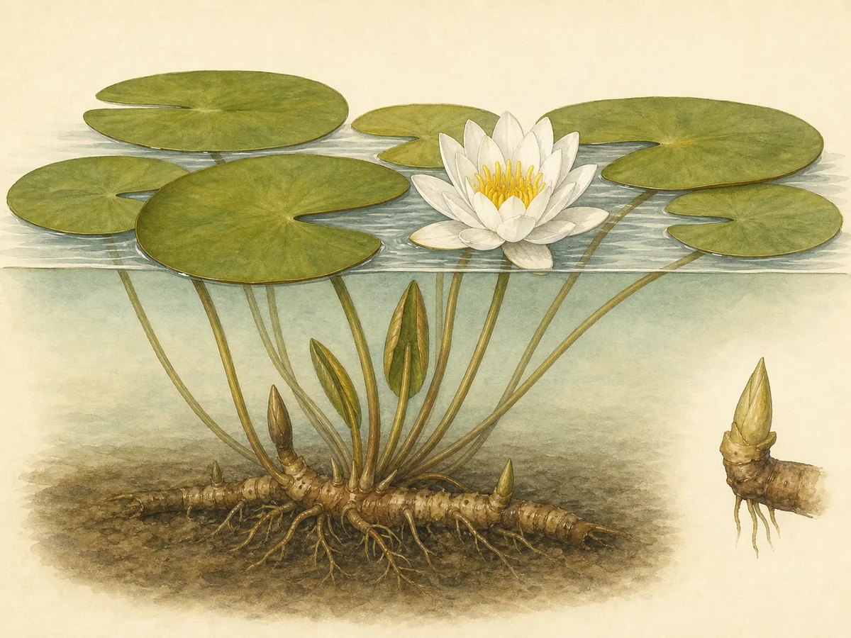 Ilustração botânica de um nenúfar-branco com folhas flutuantes fendidas, flor branca, rizoma e raízes submersas