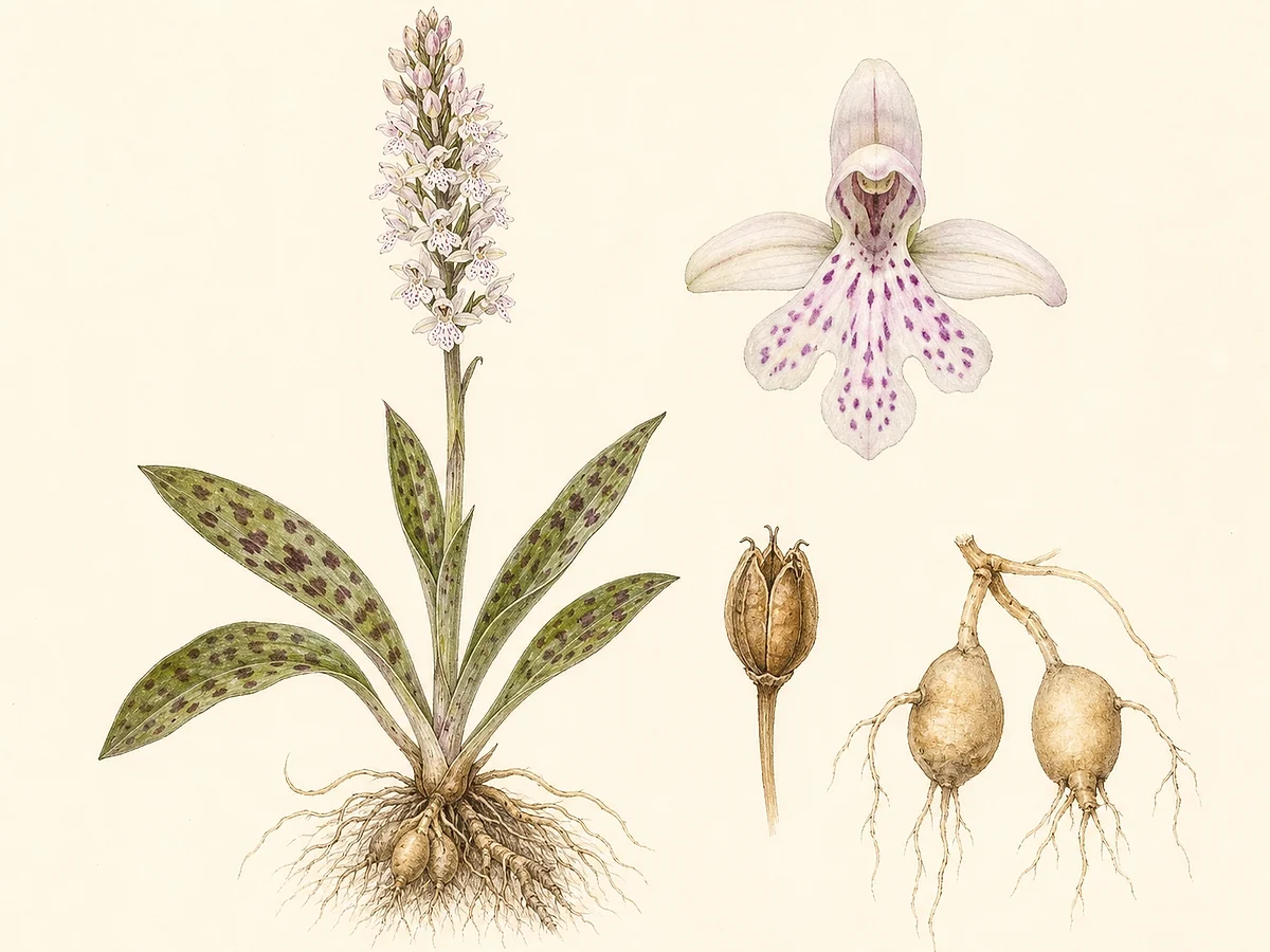 Prancha botânica documental de Neotinea maculata, autóctone registada na Madeira