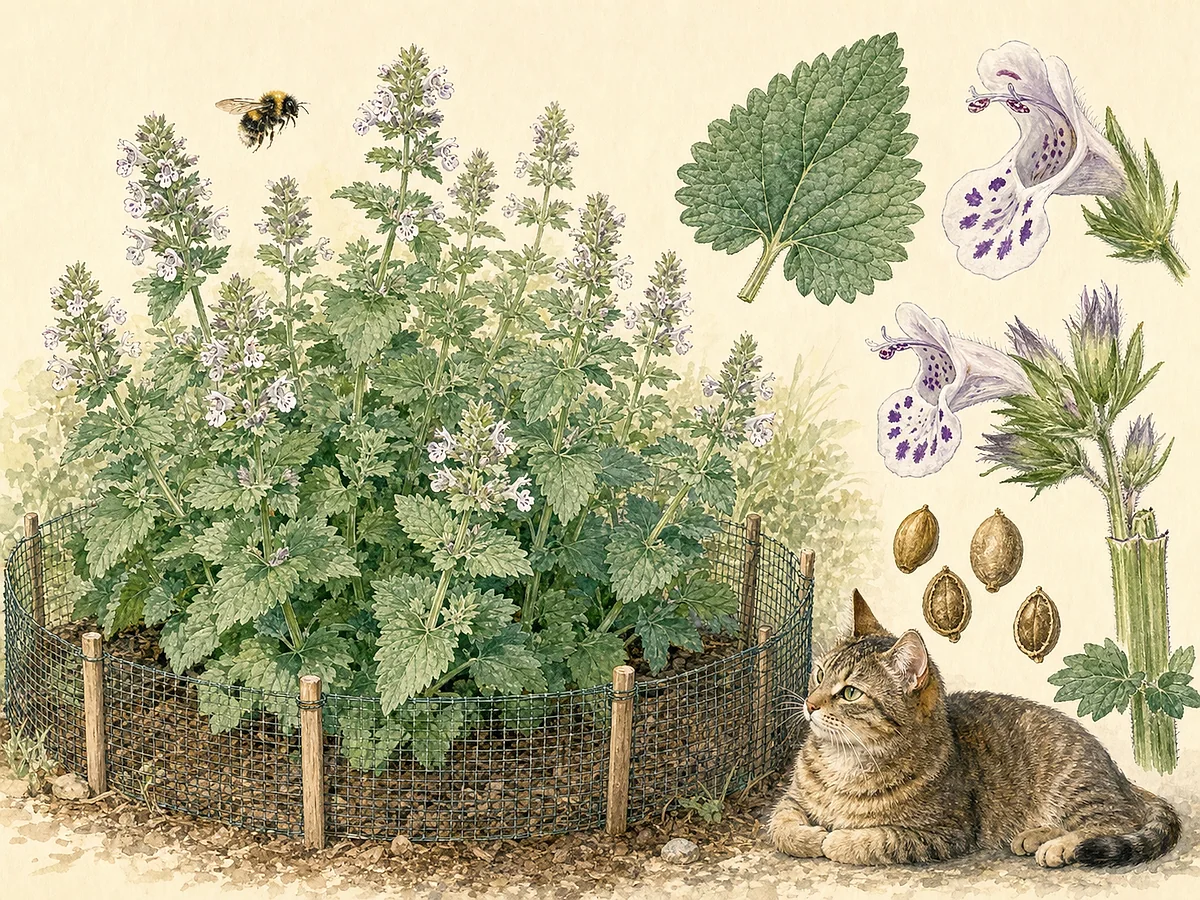 Prancha botânica de Nepeta cataria com caules quadrangulares, folhas opostas triangulares cinzento-verdes e serradas, espigas de pequenas flores brancas pintalgadas de violeta e sementes