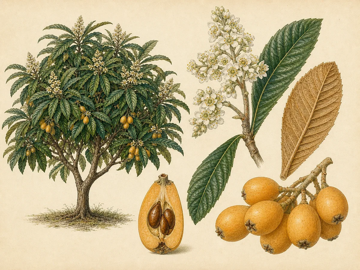 Ilustração botânica de nespereira-do-Japão perenifólia com folhas grandes serradas, panículas de flores brancas de inverno e nêsperas amarelas, uma cortada