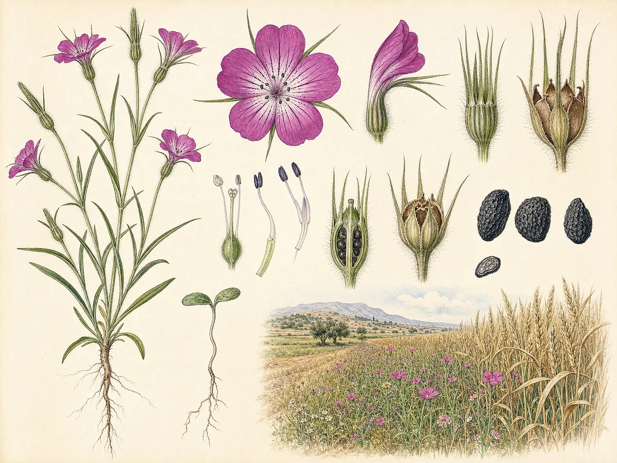 Prancha botânica de Agrostemma githago com folhas opostas estreitas, flor magenta e longos dentes do cálice, cápsula e sementes negras rugosas