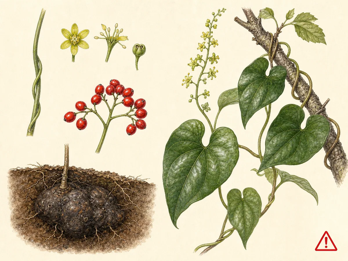 Prancha botânica de Dioscorea communis com tubérculo subterrâneo escuro, caules volúveis, folhas cordiformes brilhantes de nervação arqueada, flores pequenas e bagas vermelhas