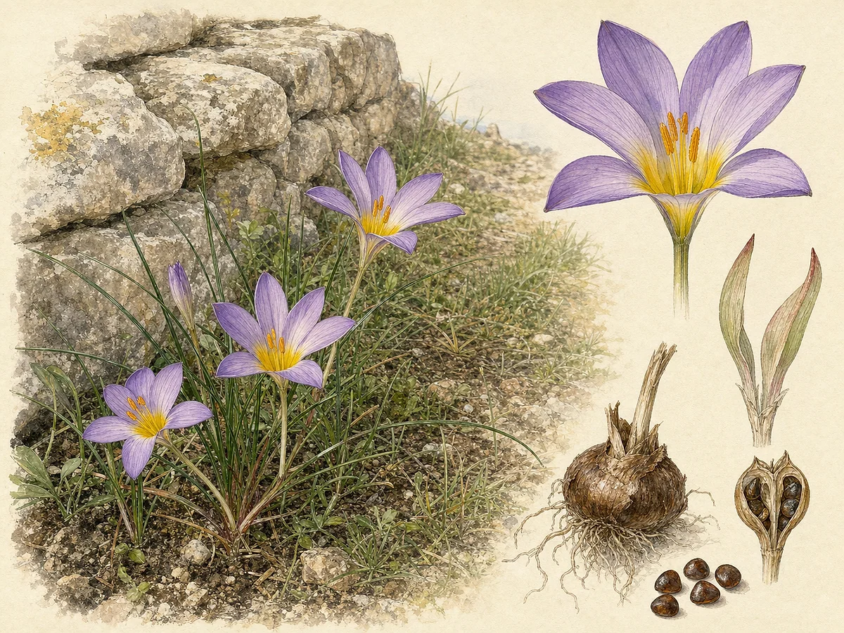 Prancha botânica de Romulea bulbocodium com folhas filiformes, flor baixa violeta de seis tépalas com garganta amarela, brácteas e pequeno cormo subterrâneo