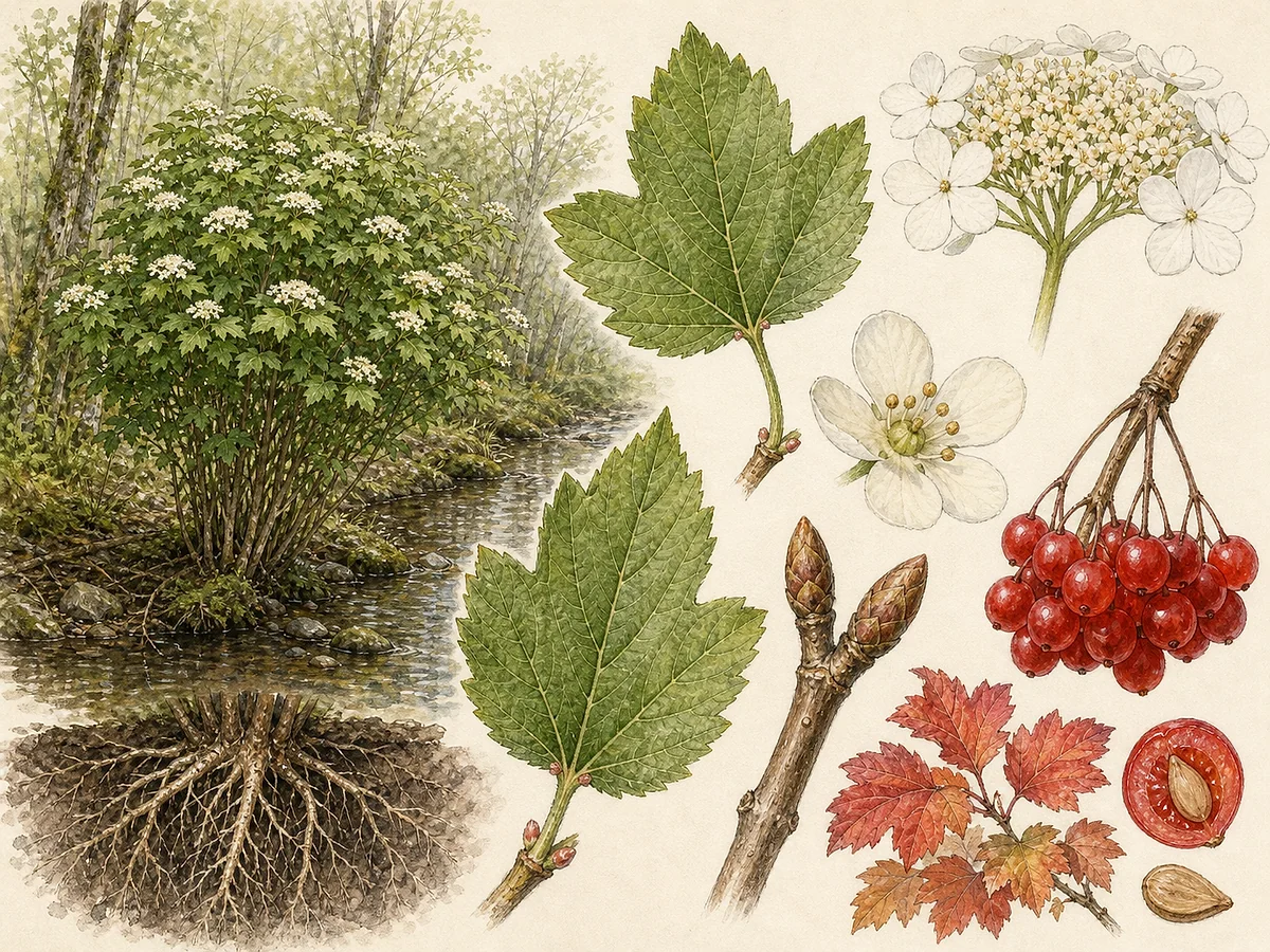 Prancha botânica de Viburnum opulus com arbusto caducifólio, folhas trilobadas, corimbos de flores brancas férteis e estéreis e cachos de frutos vermelhos