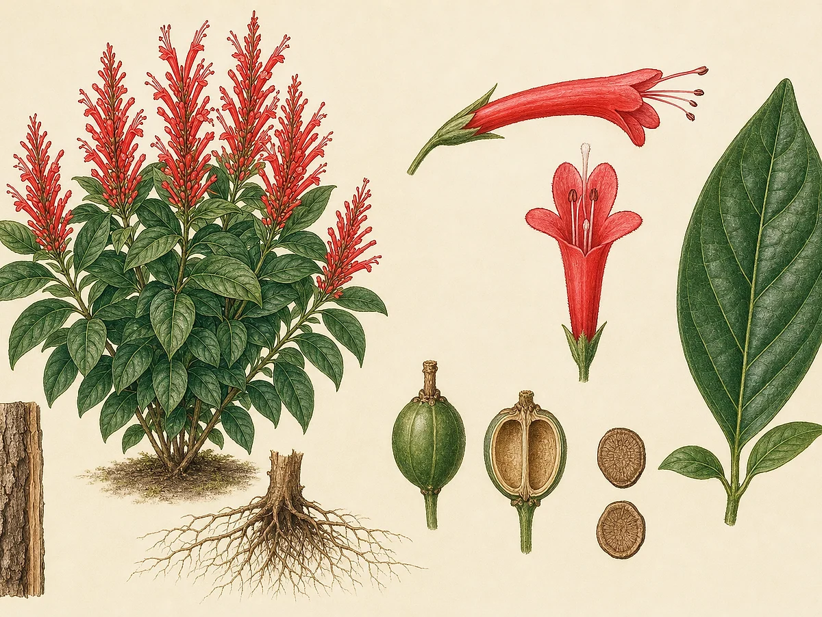Prancha botânica de Odontonema tubaeforme com arbusto tropical, folhas opostas, espigas eretas de flores tubulares vermelhas, cápsulas e sementes