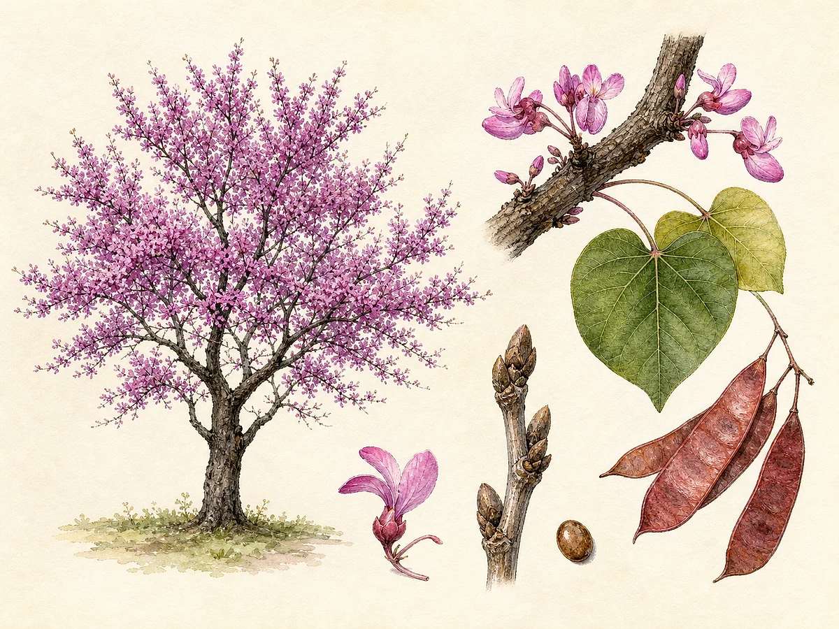 Prancha botânica de Cercis siliquastrum com copa baixa, flores rosa diretamente nos ramos, folhas redondas cordiformes e vagens achatadas castanhas