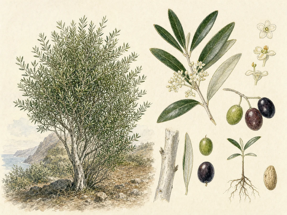 Prancha botânica de Olea europaea subsp. cerasiformis com pequena árvore costeira, folhas opostas estreitas, flores cremes, azeitonas pequenas verdes e negras, caroço e raízes