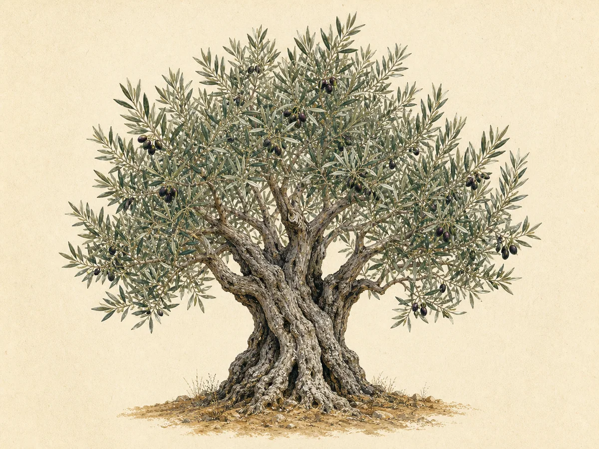 Ilustração botânica de uma oliveira antiga com azeitonas maduras