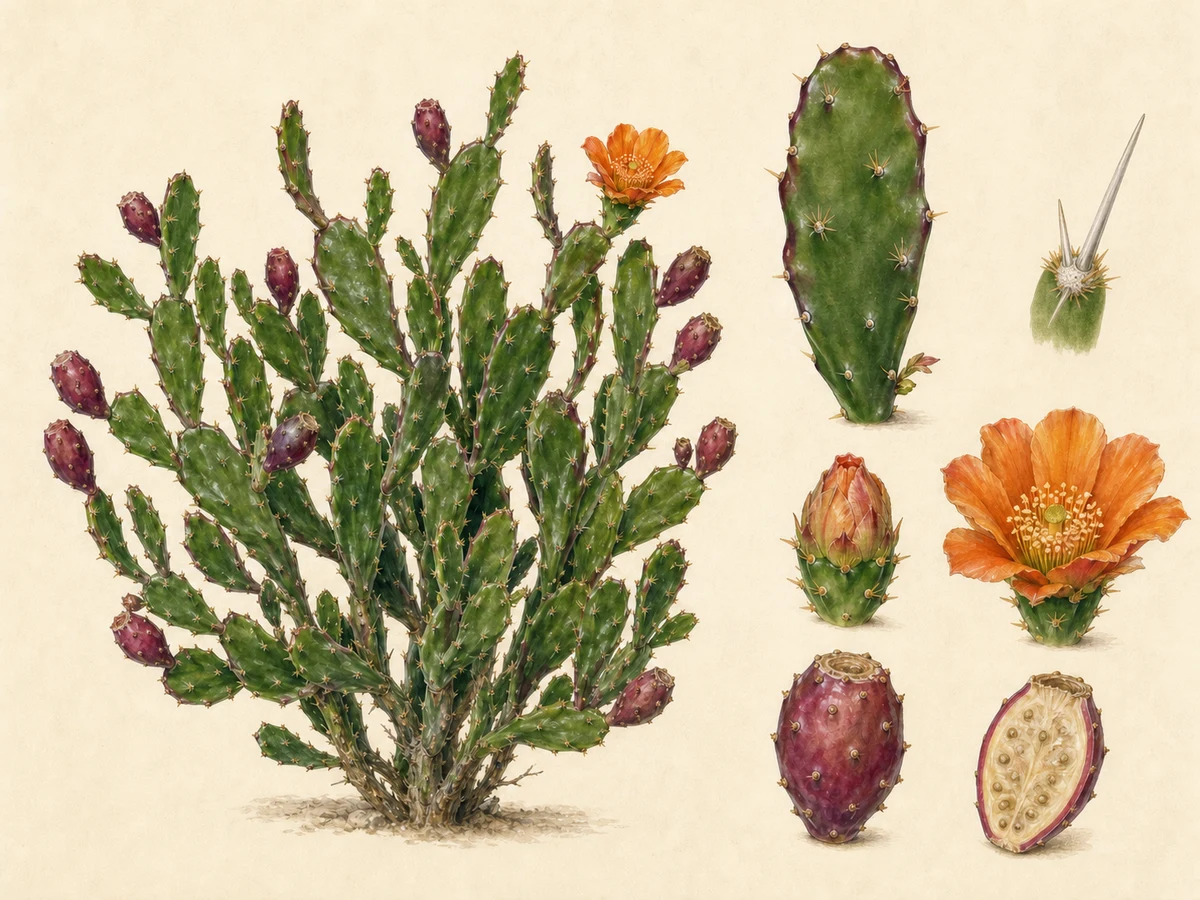 Prancha ilustrada de Opuntia elata com arbusto ramificado de cladódios relativamente pequenos e ondulados, manchas arroxeadas, aréolas com gloquídios e poucas espinhas, flor laranja e fruto roxo obovoide