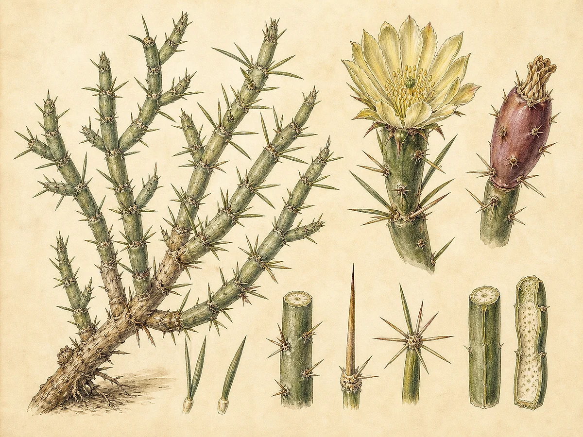 Prancha botânica preventiva de Austrocylindropuntia subulata com caule cilíndrico articulado, folhas subuladas, aréolas, espinhos, flor, fruto e fragmento