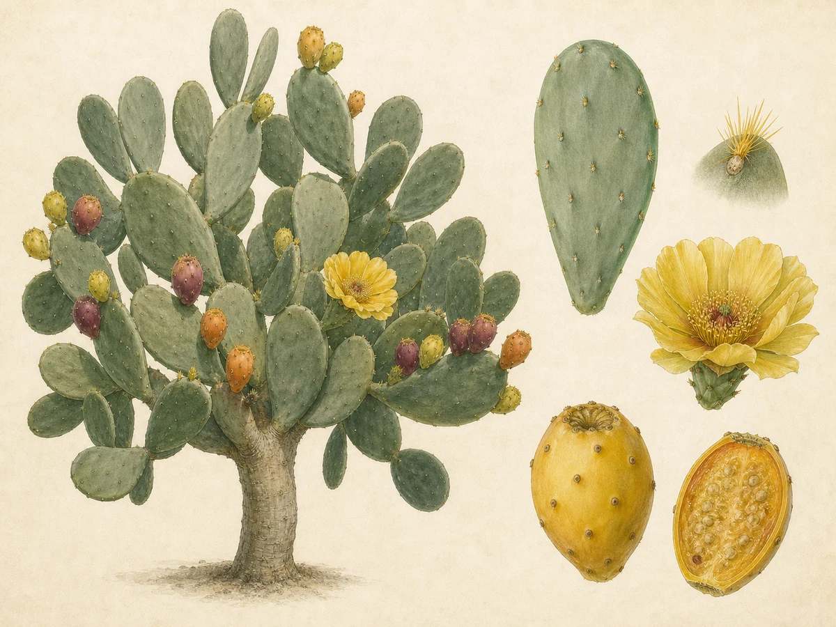 Prancha ilustrada de uma forma quase inerme de Opuntia ficus-indica com pequeno tronco, cladódios largos cinzento-verdes, aréolas de gloquídios amarelos, flor amarela e frutos amarelos, laranja e roxos