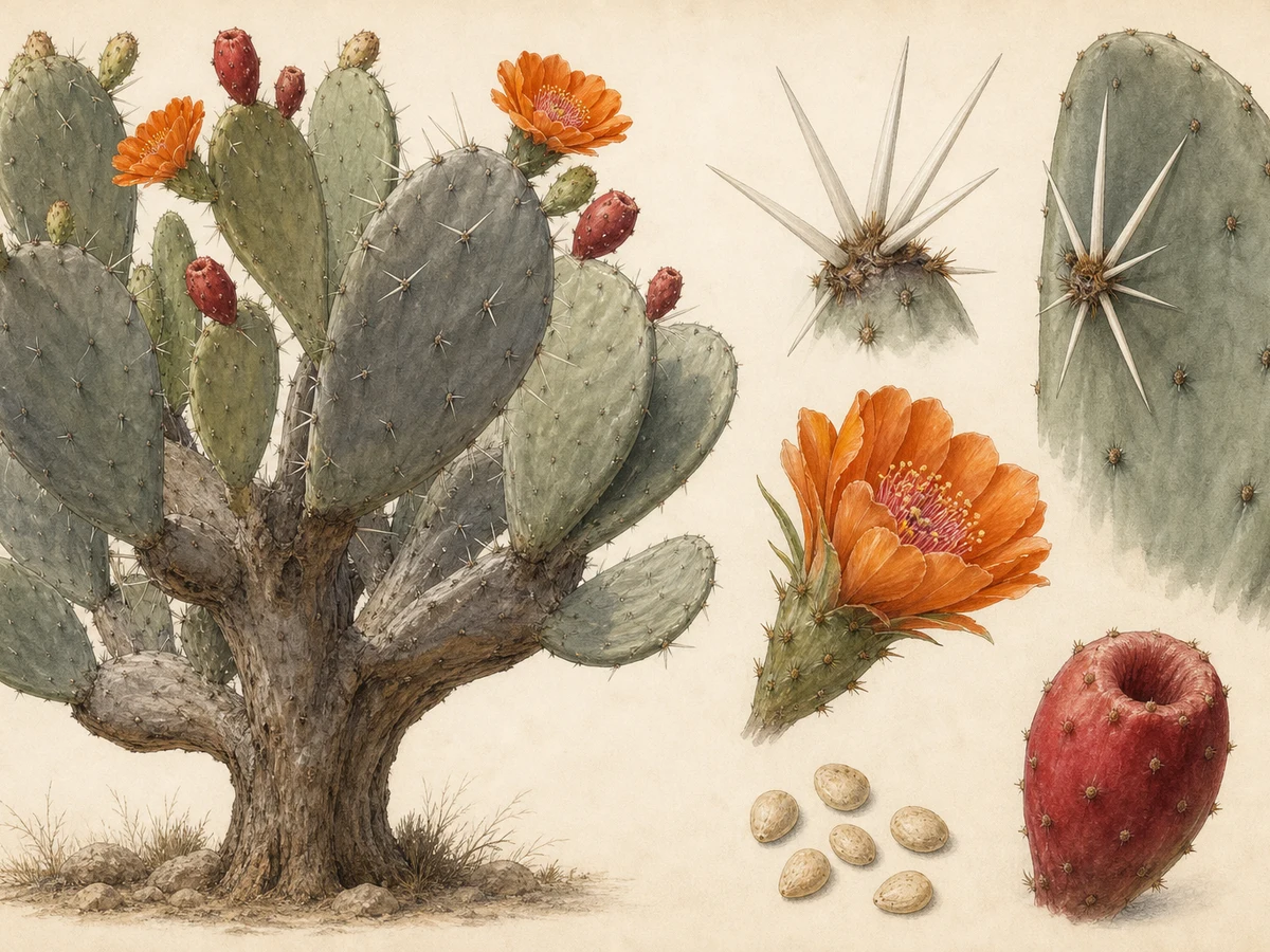Prancha ilustrada de uma forma espinhosa de Opuntia maxima com tronco lenhoso, cladódios muito grandes e glaucas, aréolas de espinhas brancas divergentes, flor laranja e fruto carmim umbilicado