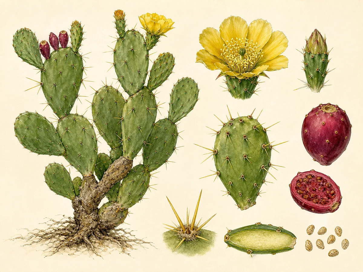 Prancha botânica de Opuntia tuna com cladódios achatados, aréolas de espinhos amarelos, flor amarela, fruto vermelho-púrpura e sementes