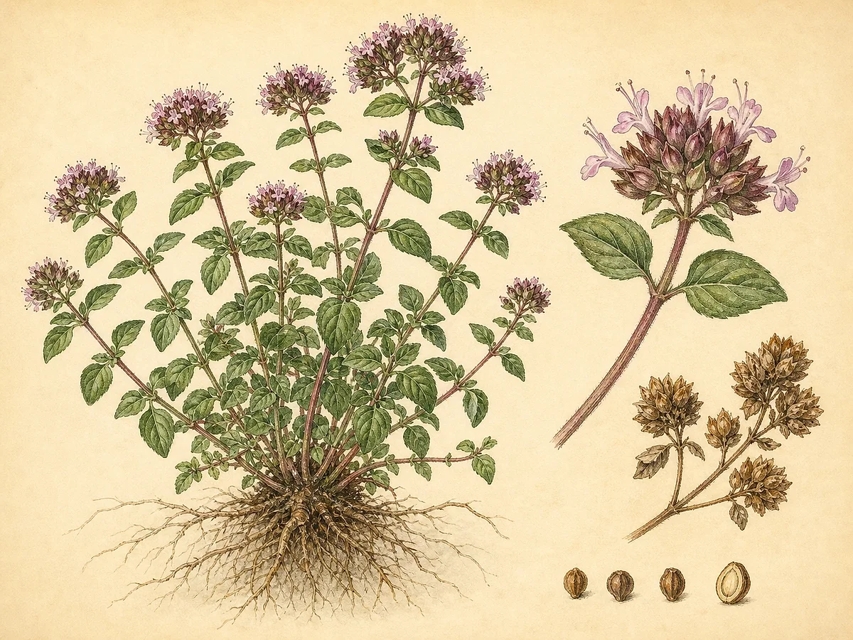 Ilustração botânica de orégão-comum com touceira perene, folhas ovais opostas, inflorescências ramificadas rosadas, frutos e ramos secos