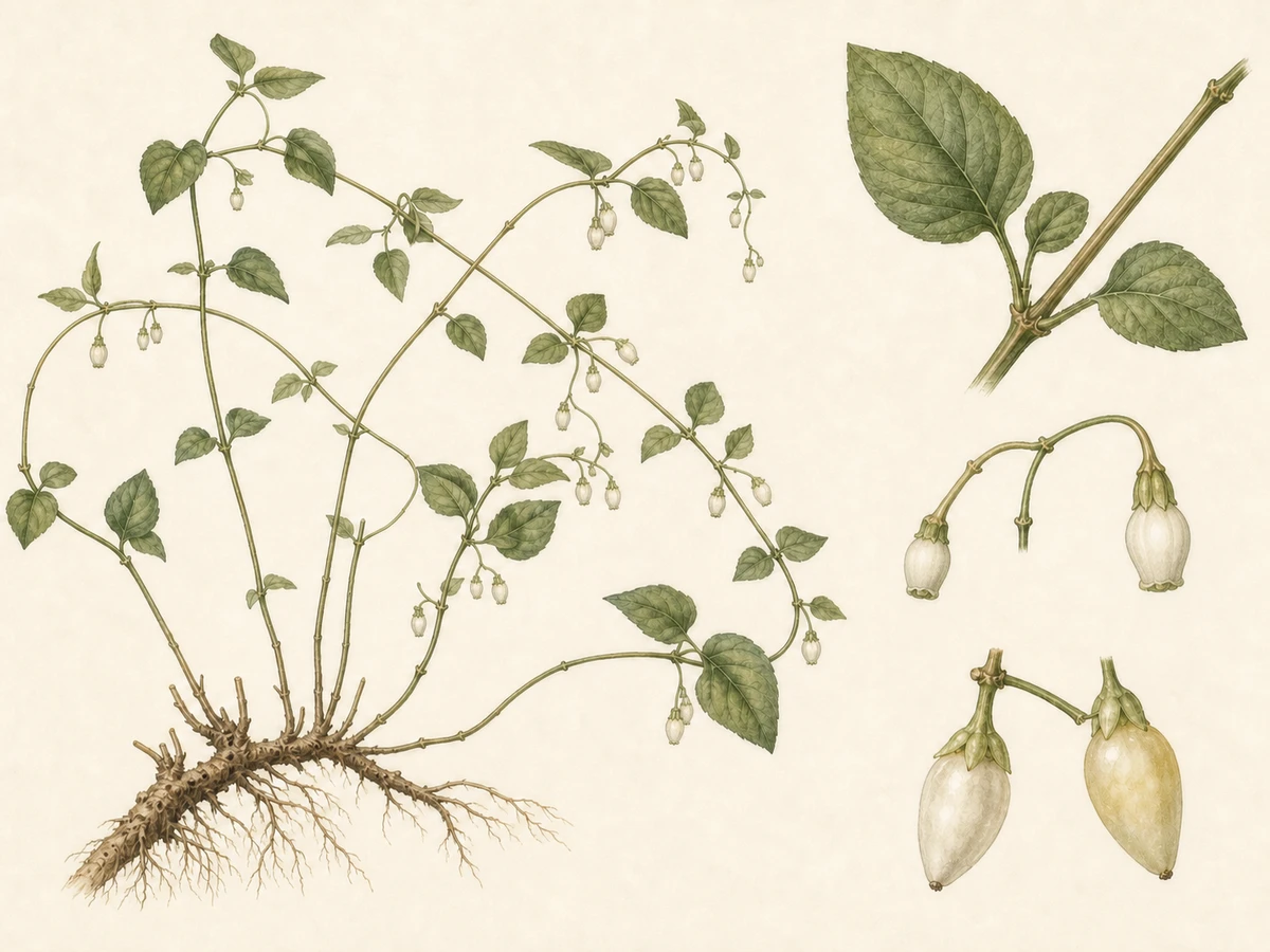 Prancha ilustrada de Salpichroa origanifolia com erva rizomatosa escandente, folhas emparelhadas desiguais, flores pendentes urceoladas e bagas cónicas claras