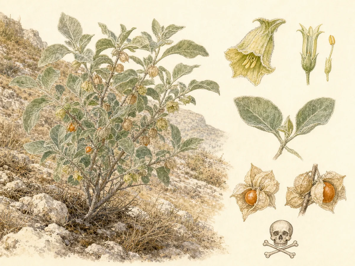 Prancha botânica de Withania frutescens com arbusto cinzento, folhas ovadas tomentosas, flores verde-amareladas campanuladas e bagas envolvidas pelo cálice