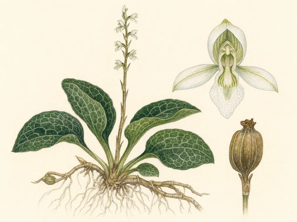 Prancha botânica documental de Goodyera macrophylla, endémica da madeira registada na Madeira